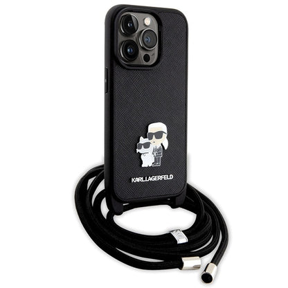 Husa pentru Apple iPhone 14 Pro, Karl Lagerfeld, Saffiano Crossbody Metal Pin Karl & Choupette, Neagra