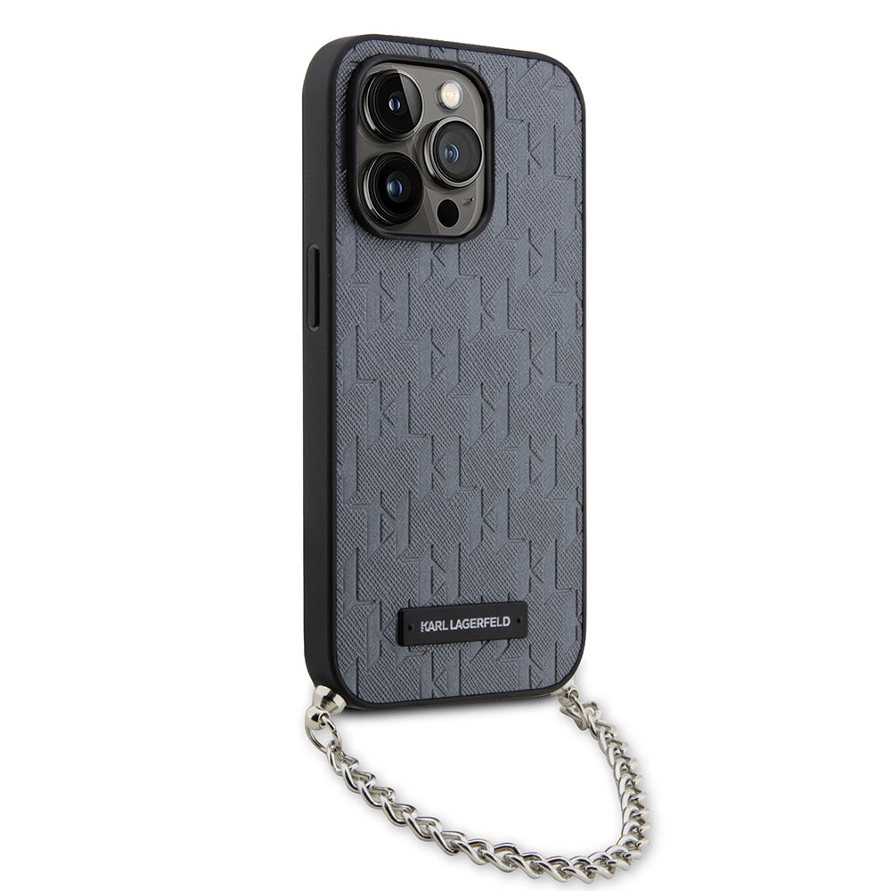 Husa pentru Apple iPhone 14 Pro, Karl Lagerfeld, Saffiano Monogram Chain, Argintie