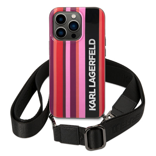 Husa pentru Apple iPhone 14 Pro Max, Karl Lagerfeld, Color Stripes with Strap, Roz