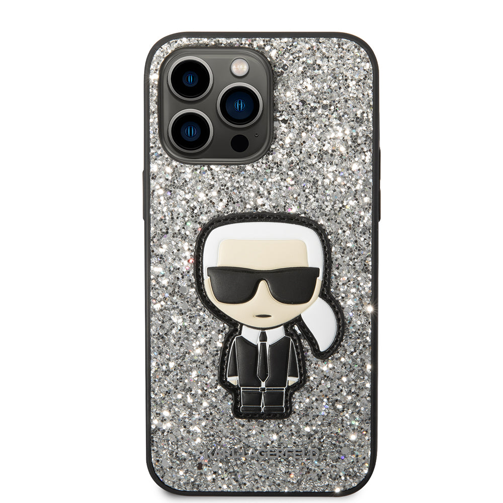 Husa pentru Apple iPhone 14 Pro Max, Karl Lagerfeld, Glitter Flakes Ikonik Karl, Argintie