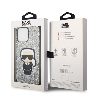 Husa pentru Apple iPhone 14 Pro Max, Karl Lagerfeld, Glitter Flakes Ikonik Karl, Argintie