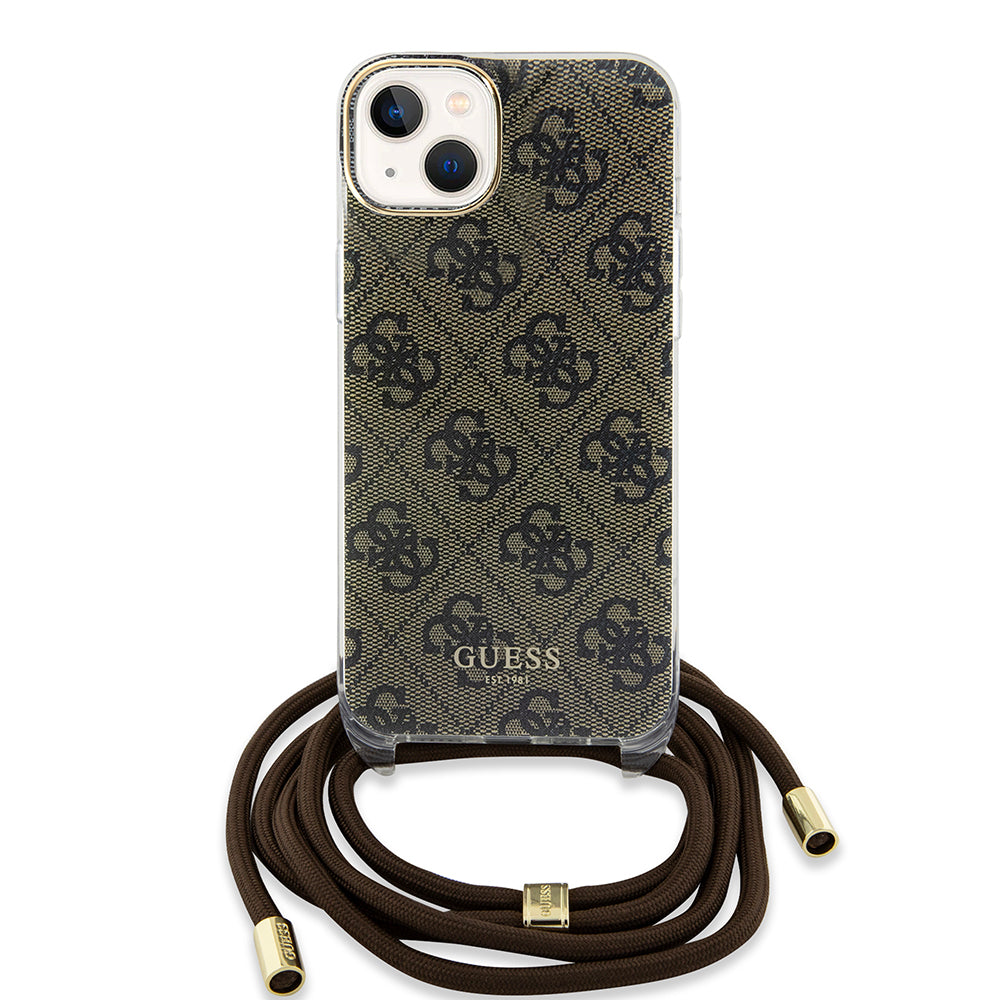 Husa pentru Apple iPhone 15, Guess, 4G IML Printed Crossbody, Maro
