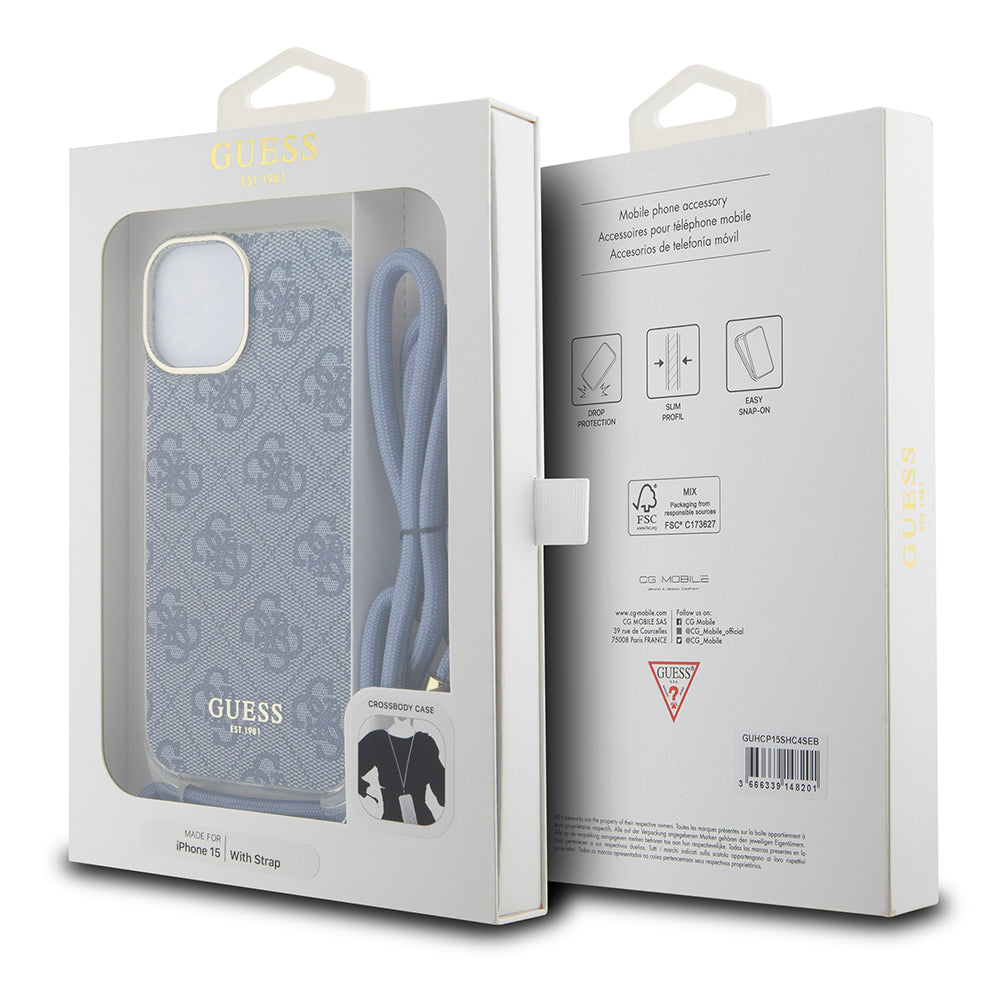 Husa pentru Apple iPhone 15, Guess, Crossbody Cord 4G Print, Albastra