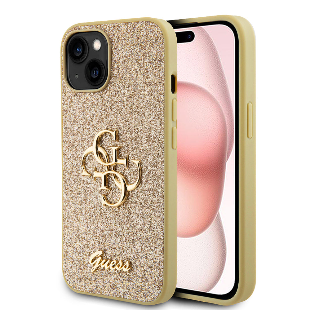 Husa pentru Apple iPhone 15, Guess, Glitter Big 4G Script, Aurie