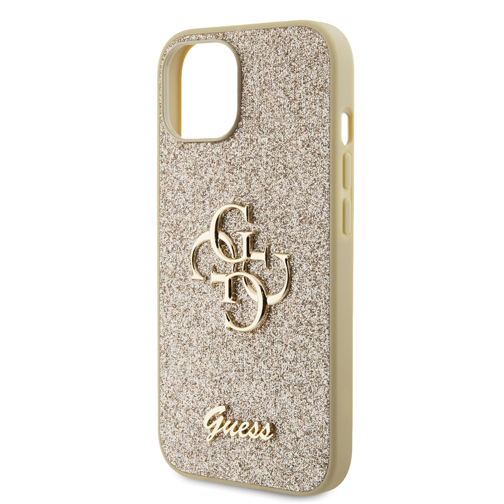Husa pentru Apple iPhone 15, Guess, Glitter Big 4G Script, Aurie