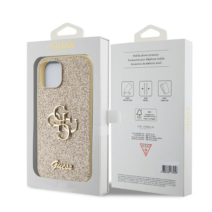 Husa pentru Apple iPhone 15, Guess, Glitter Big 4G Script, Aurie