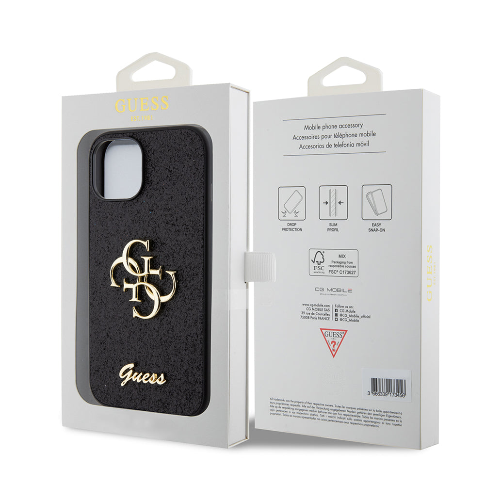 Husa pentru Apple iPhone 15, Guess, Glitter Big 4G Script, Neagra