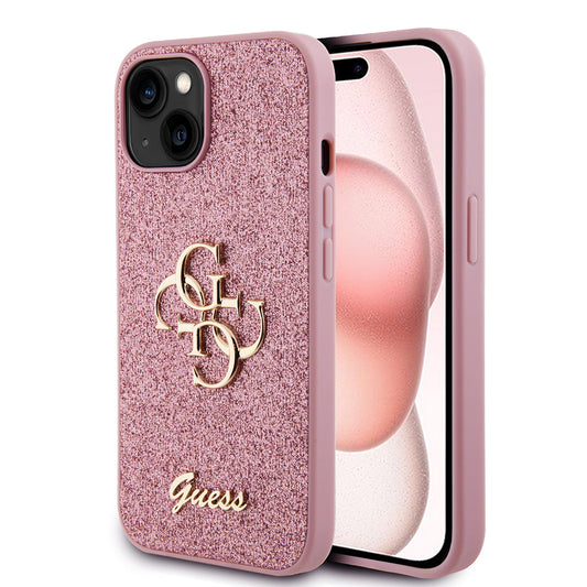 Husa pentru Apple iPhone 15, Guess, Glitter Big 4G Script, Roz