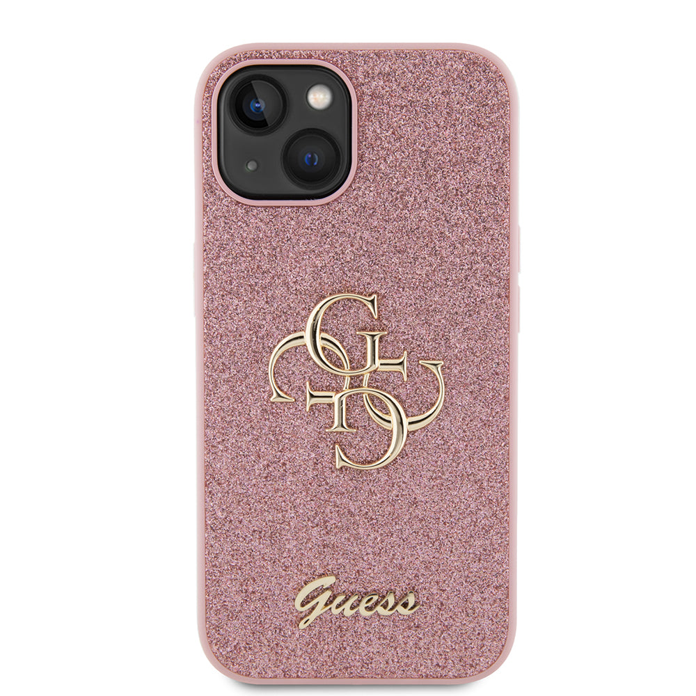 Husa pentru Apple iPhone 15, Guess, Glitter Big 4G Script, Roz