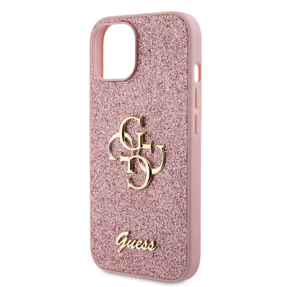 Husa pentru Apple iPhone 15, Guess, Glitter Big 4G Script, Roz