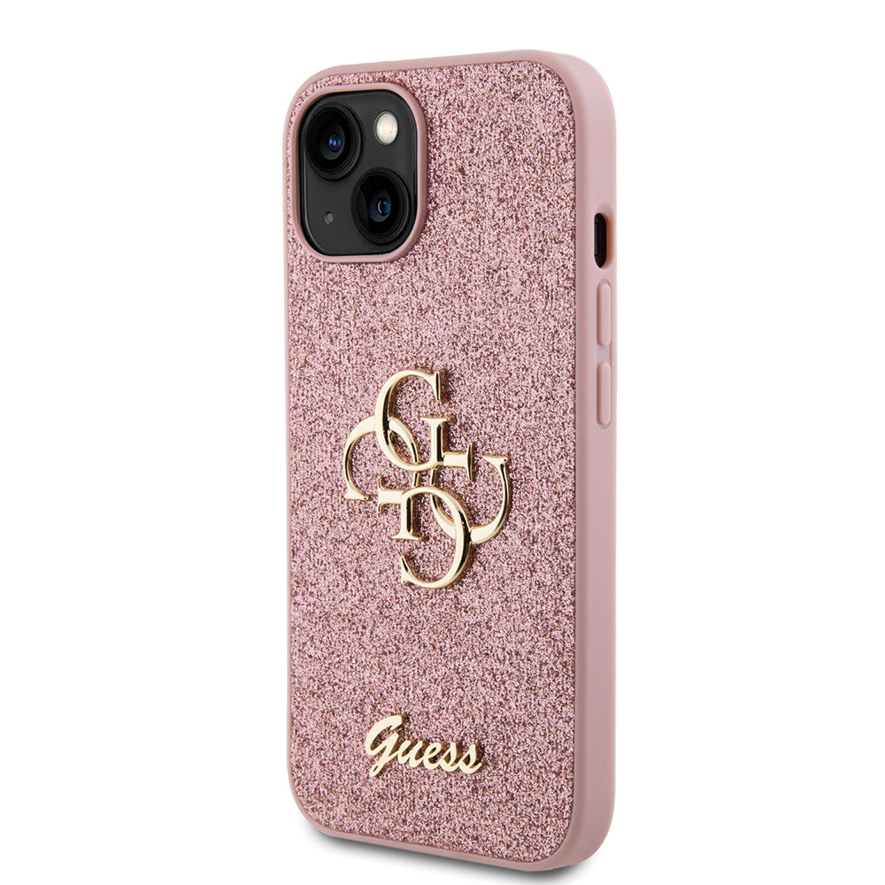 Husa pentru Apple iPhone 15, Guess, Glitter Big 4G Script, Roz