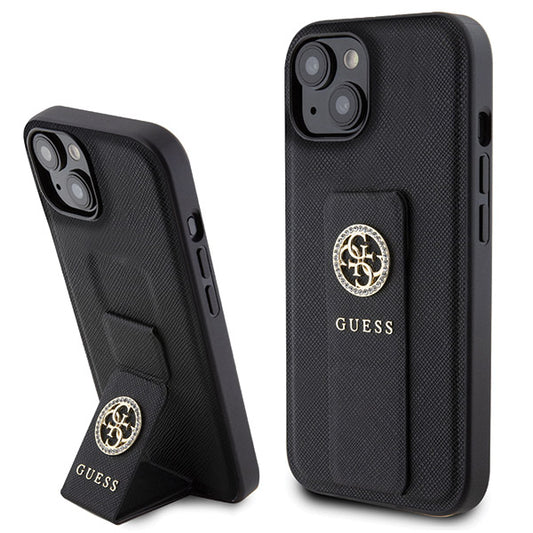 Husa pentru Apple iPhone 15, Guess, Grip Stand 4G Saffiano Strass, Neagra