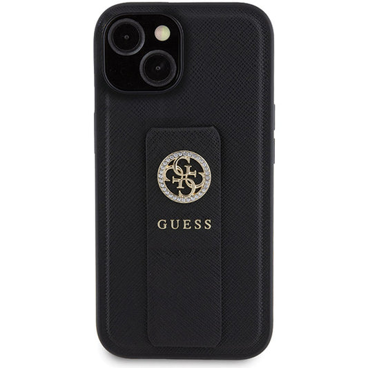 Husa pentru Apple iPhone 15, Guess, Grip Stand 4G Saffiano Strass, Neagra