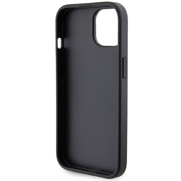 Husa pentru Apple iPhone 15, Guess, Grip Stand 4G Saffiano Strass, Neagra