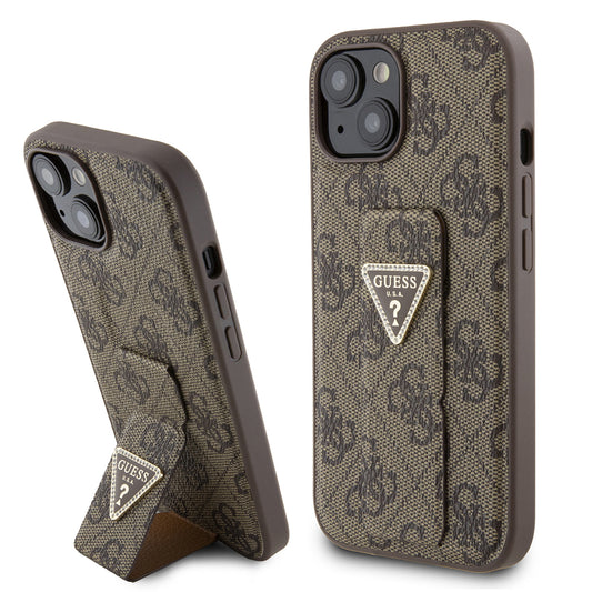 Husa pentru Apple iPhone 15, Guess, Grip Stand 4G Triangle Strass, Maro