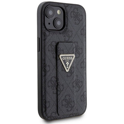 Husa pentru Apple iPhone 15, Guess, Grip Stand 4G Triangle Strass, Neagra