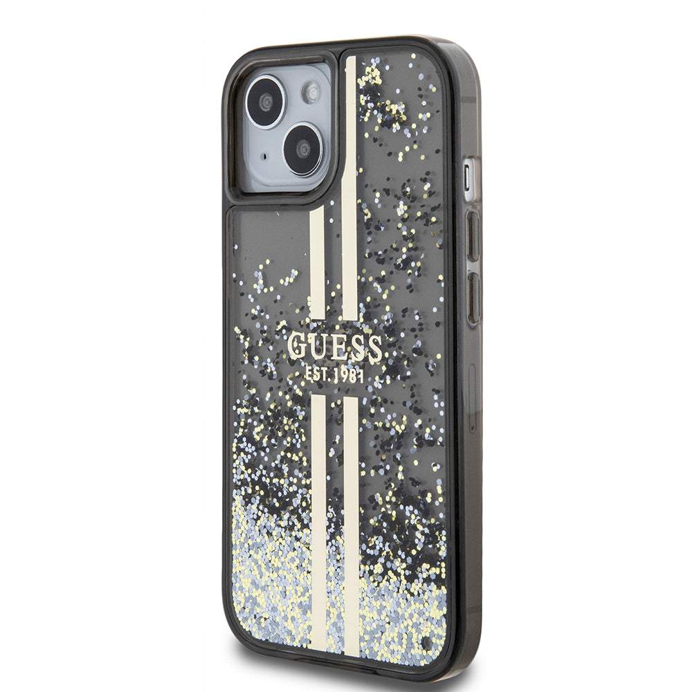 Husa pentru Apple iPhone 15, Guess, Liquid Glitter Gold Stripes, Neagra