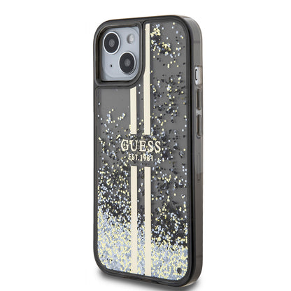 Husa pentru Apple iPhone 15, Guess, Liquid Glitter Gold Stripes, Neagra