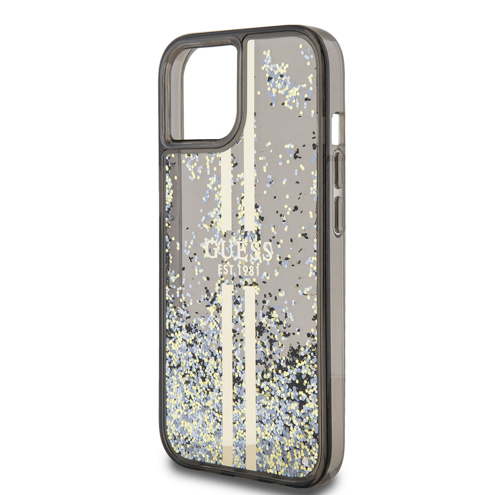 Husa pentru Apple iPhone 15, Guess, Liquid Glitter Gold Stripes, Neagra