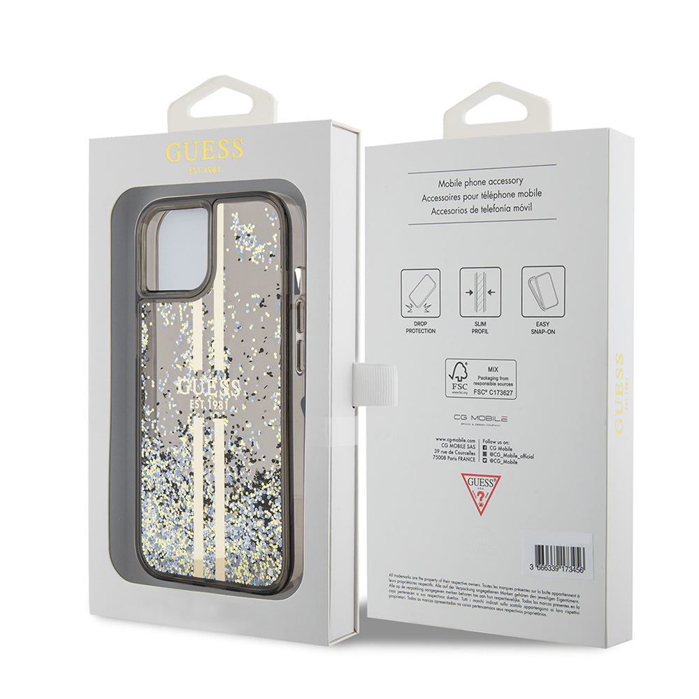 Husa pentru Apple iPhone 15, Guess, Liquid Glitter Gold Stripes, Neagra