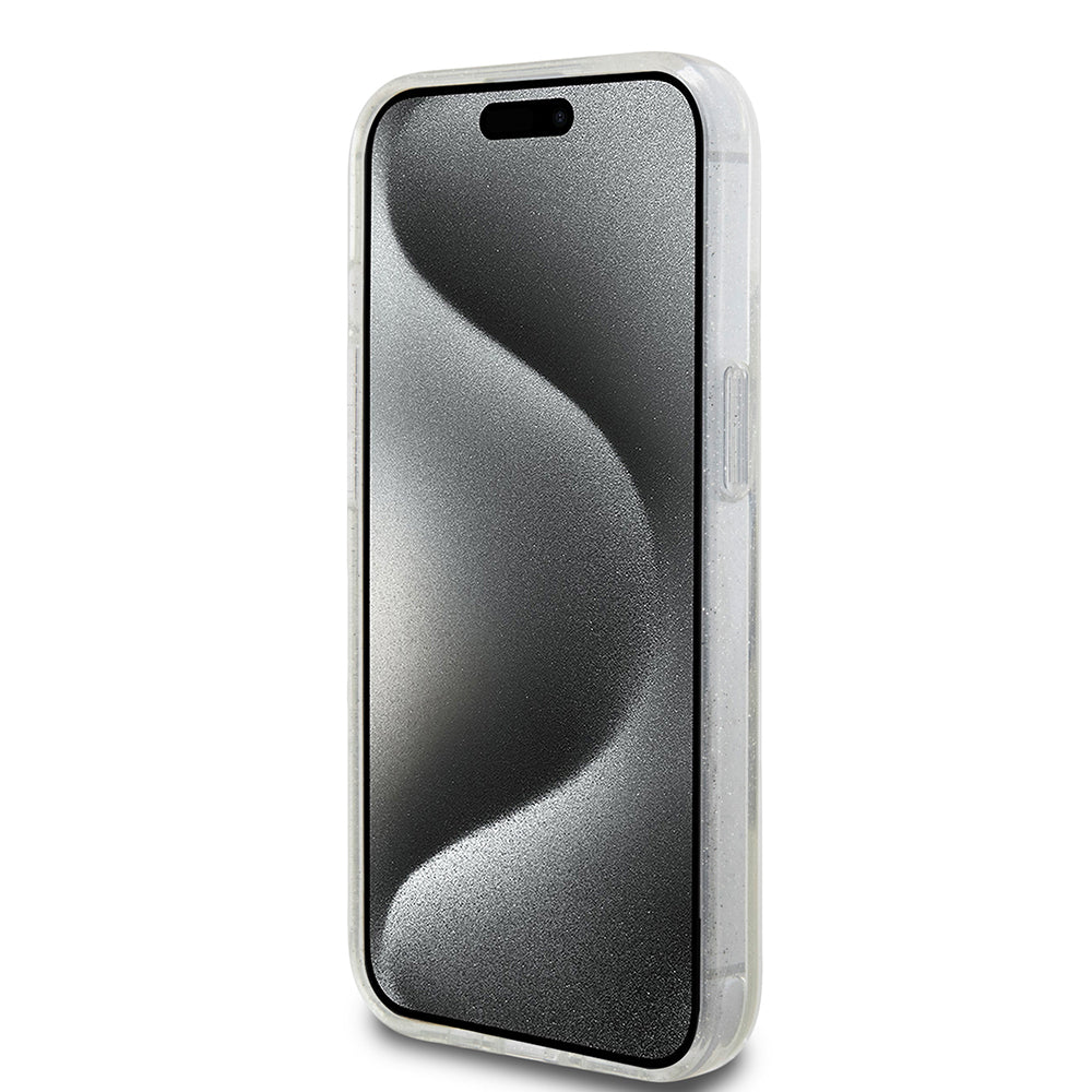 Husa pentru Apple iPhone 15, Guess, Liquid Glitter Gold Stripes, Transparenta