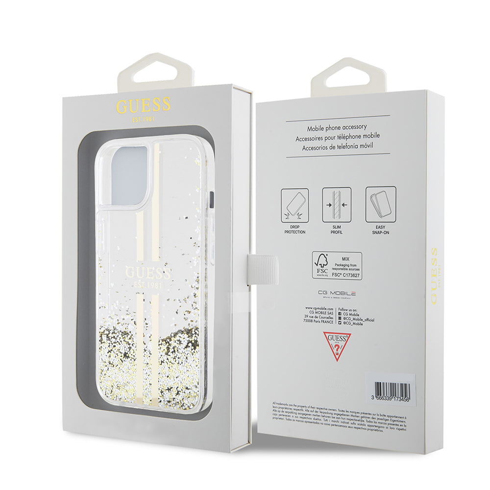 Husa pentru Apple iPhone 15, Guess, Liquid Glitter Gold Stripes, Transparenta