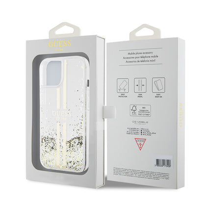Husa pentru Apple iPhone 15, Guess, Liquid Glitter Gold Stripes, Transparenta