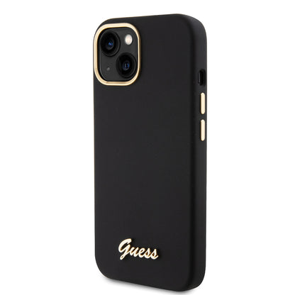 Husa pentru Apple iPhone 15, Guess, Script Metal Logo & Frame, Neagra