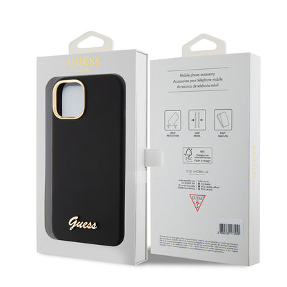 Husa pentru Apple iPhone 15, Guess, Script Metal Logo & Frame, Neagra
