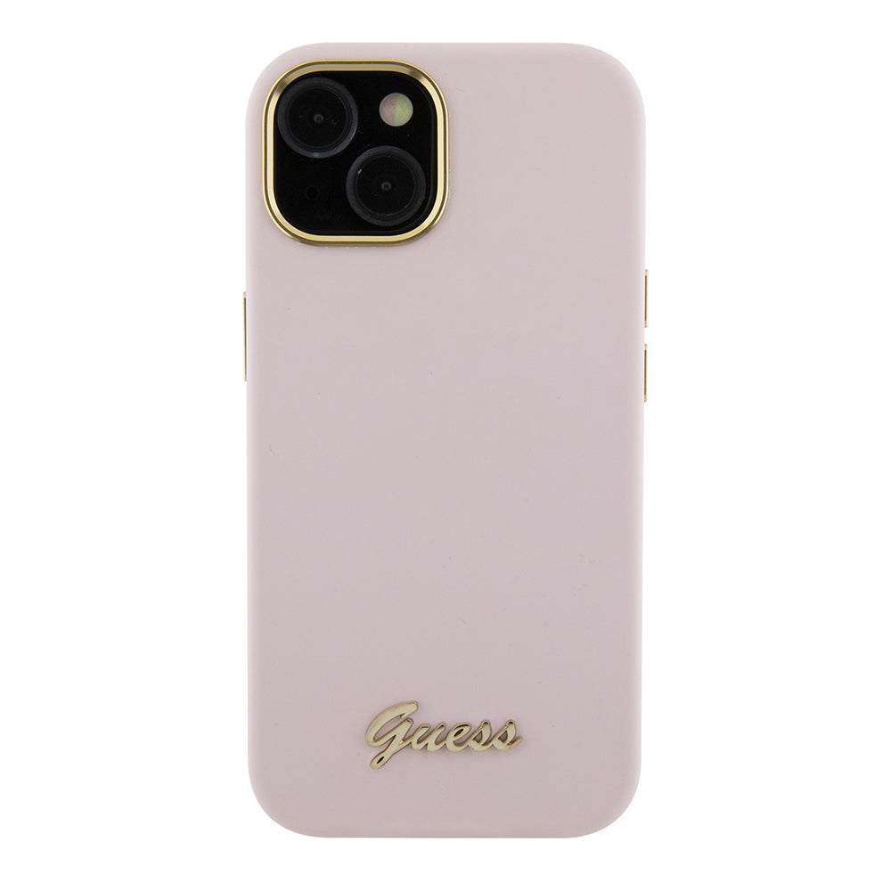 Husa pentru Apple iPhone 15, Guess, Script Metal Logo & Frame, Roz Deschis