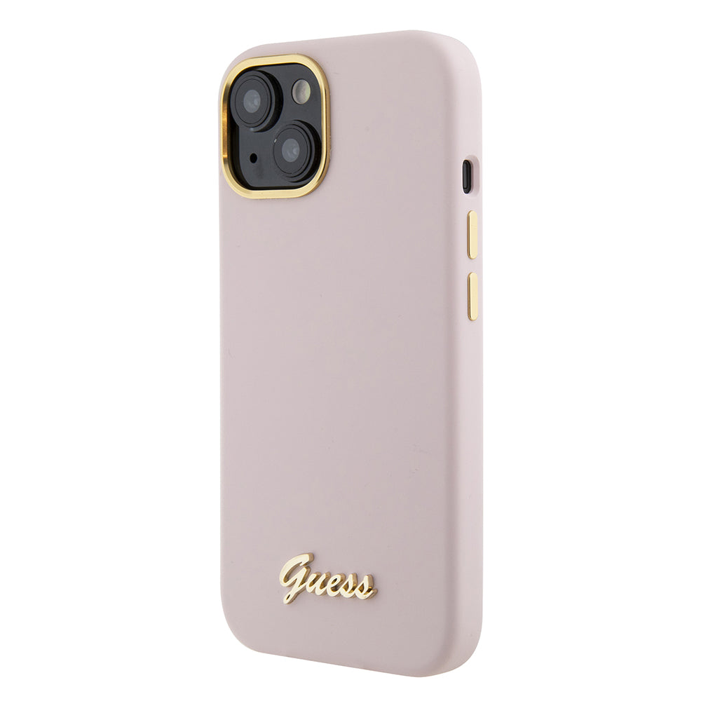Husa pentru Apple iPhone 15, Guess, Script Metal Logo & Frame, Roz Deschis
