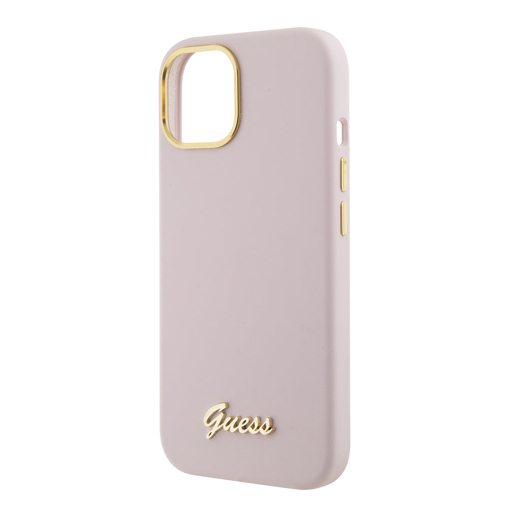 Husa pentru Apple iPhone 15, Guess, Script Metal Logo & Frame, Roz Deschis