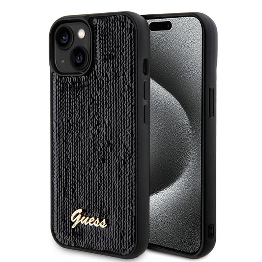 Husa pentru Apple iPhone 15, Guess, Sequin Script Metal, Neagra