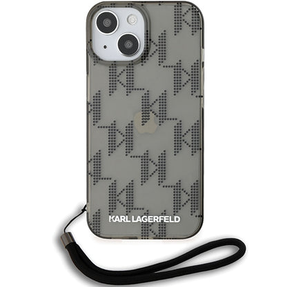 Husa pentru Apple iPhone 15, Karl Lagerfeld, IML Luxury Monogram KL Pattern with Strap, Neagra