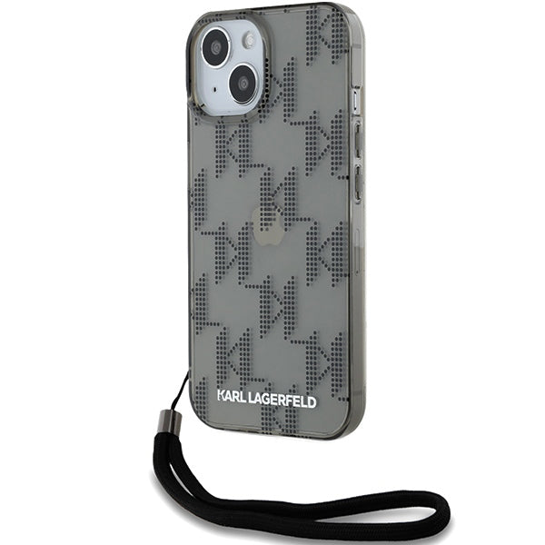 Husa pentru Apple iPhone 15, Karl Lagerfeld, IML Luxury Monogram KL Pattern with Strap, Neagra