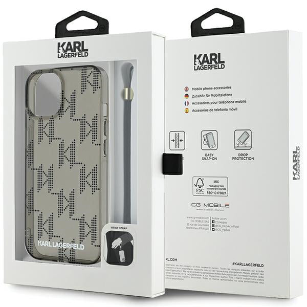 Husa pentru Apple iPhone 15, Karl Lagerfeld, IML Luxury Monogram KL Pattern with Strap, Neagra
