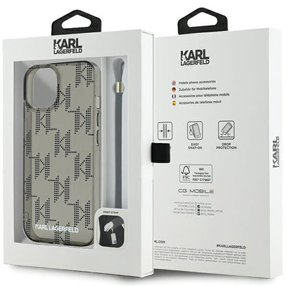 Husa pentru Apple iPhone 15, Karl Lagerfeld, IML Luxury Monogram KL Pattern with Strap, Neagra