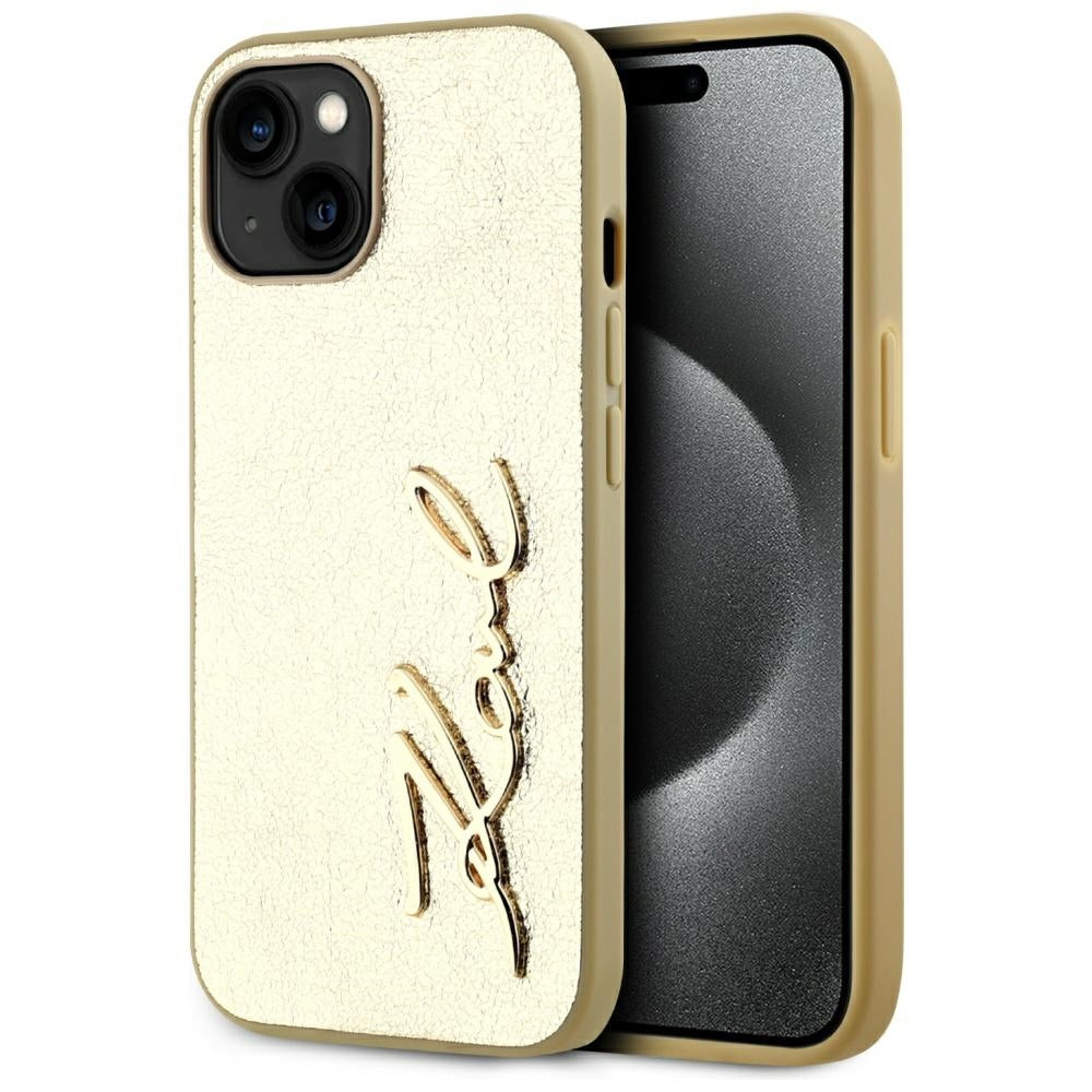 Husa pentru Apple iPhone 15, Karl Lagerfeld, Metal Signature, Aurie