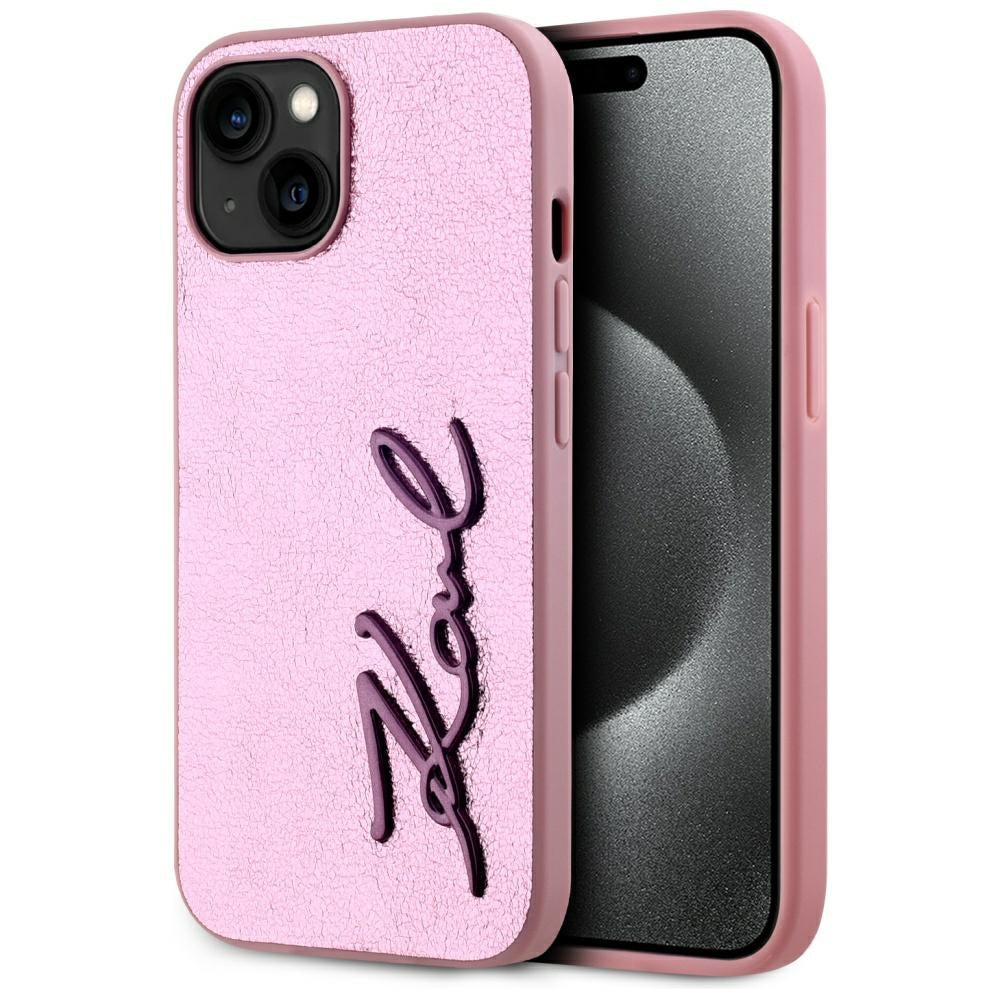 Husa pentru Apple iPhone 15, Karl Lagerfeld, Metal Signature, Roz