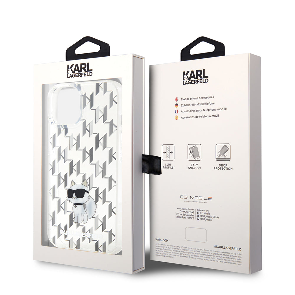 Husa pentru Apple iPhone 15, Karl Lagerfeld, Monogram Choupette, Transparenta