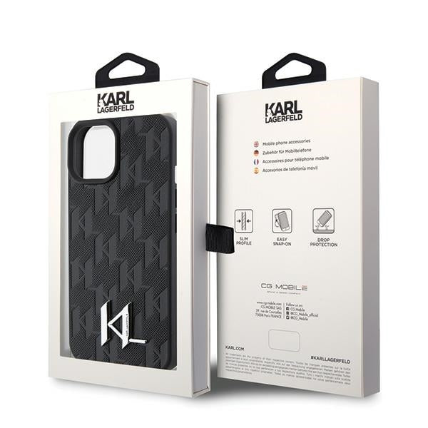 Husa pentru Apple iPhone 15, Karl Lagerfeld, Monogram Hot Stamp Metal Logo, Neagra