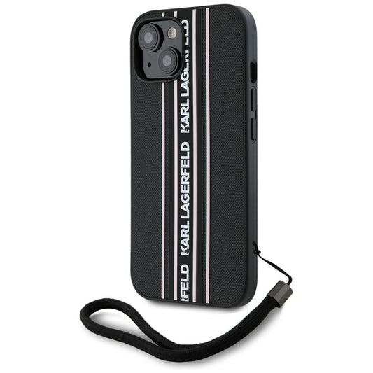 Husa pentru Apple iPhone 15, Karl Lagerfeld, Saffiano Athleisure Stripes with Strap, Roz