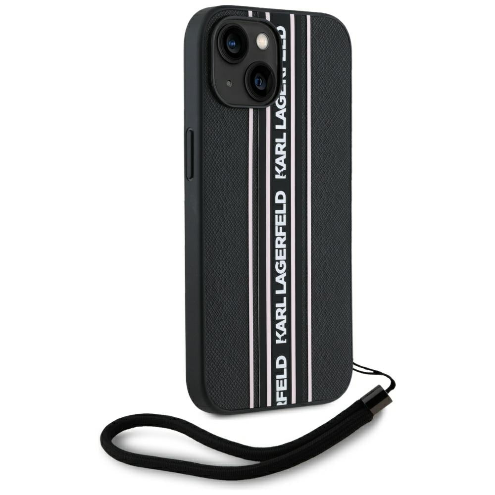 Husa pentru Apple iPhone 15, Karl Lagerfeld, Saffiano Athleisure Stripes with Strap, Roz