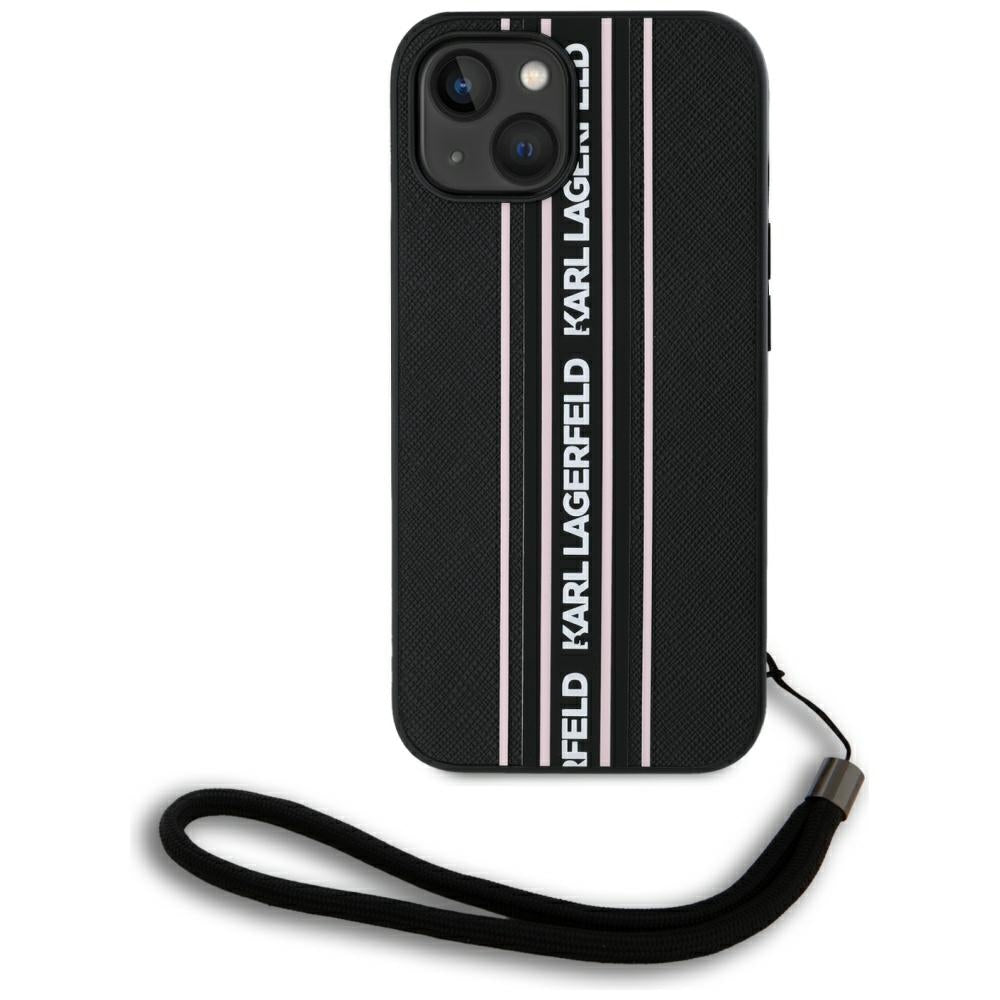 Husa pentru Apple iPhone 15, Karl Lagerfeld, Saffiano Athleisure Stripes with Strap, Roz