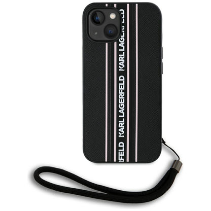 Husa pentru Apple iPhone 15, Karl Lagerfeld, Saffiano Athleisure Stripes with Strap, Roz