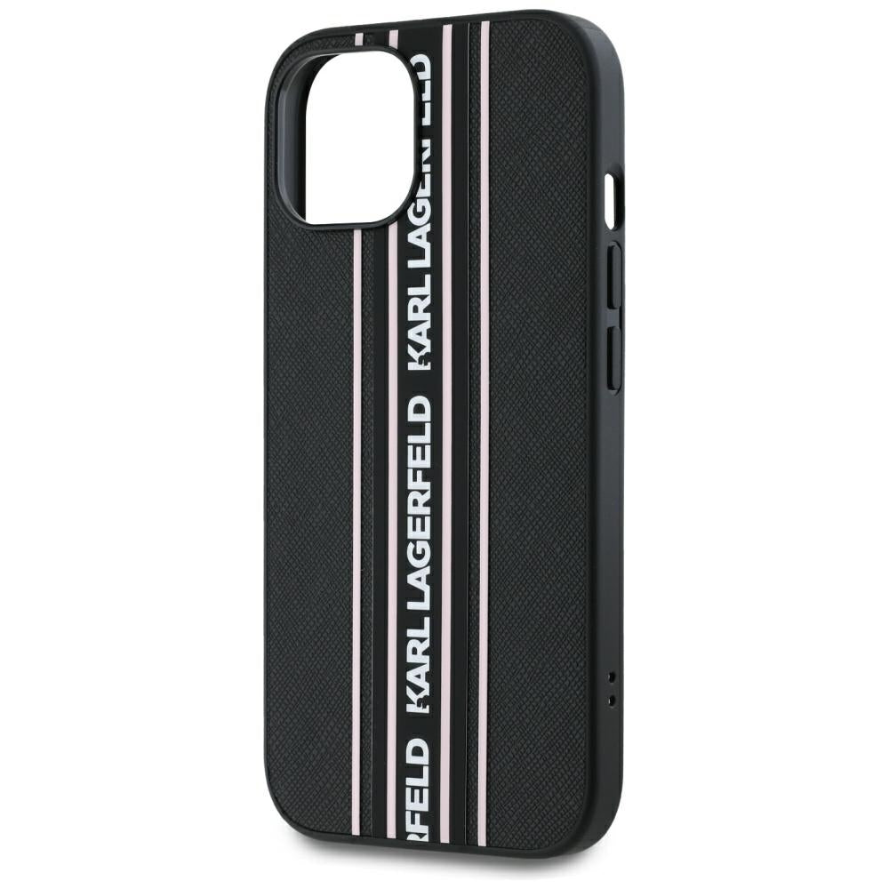 Husa pentru Apple iPhone 15, Karl Lagerfeld, Saffiano Athleisure Stripes with Strap, Roz