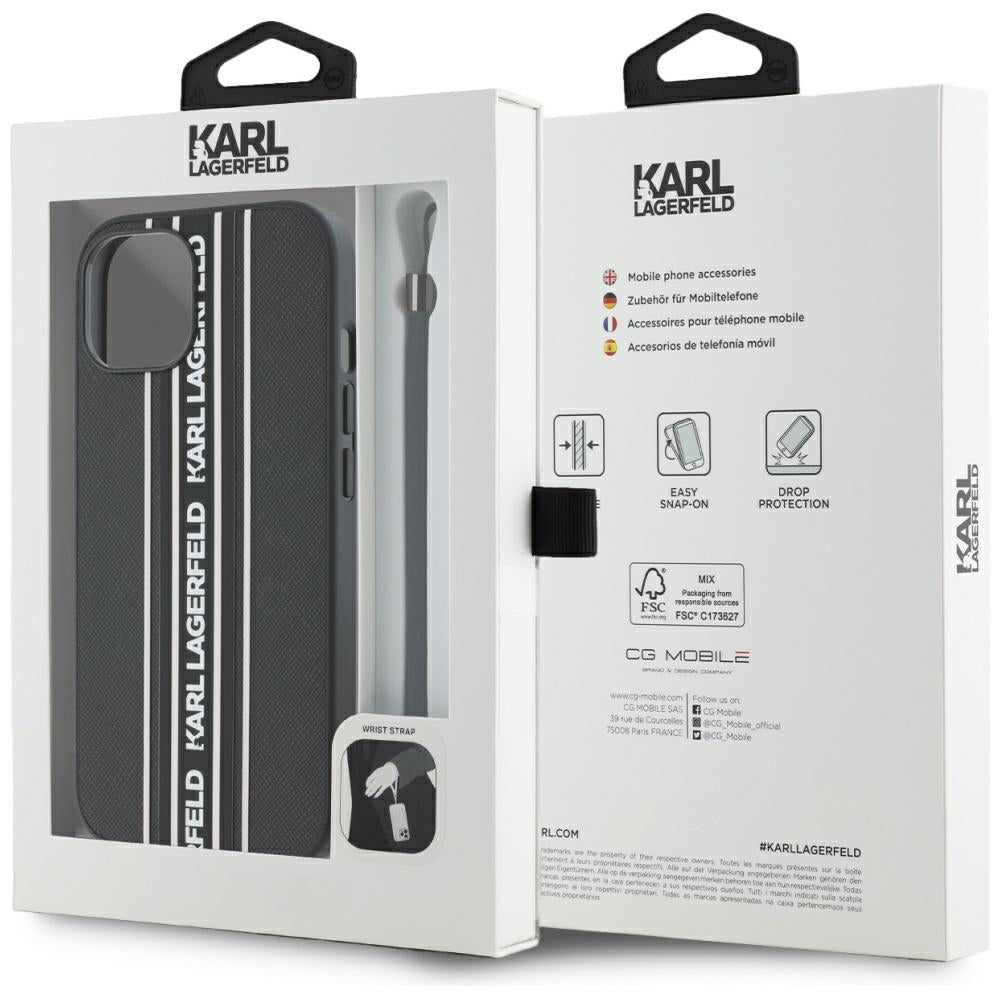 Husa pentru Apple iPhone 15, Karl Lagerfeld, Saffiano Athleisure Stripes with Strap, Roz