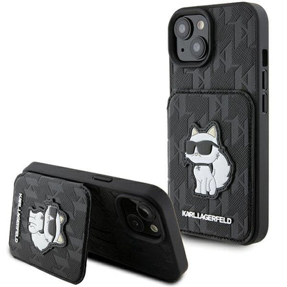 Husa pentru Apple iPhone 15, Karl Lagerfeld, Saffiano Cardslots and Stand Monogram Choupette, Neagra