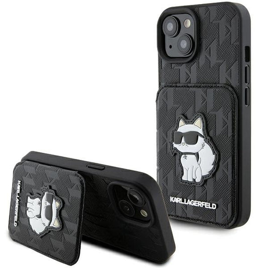 Husa pentru Apple iPhone 15, Karl Lagerfeld, Saffiano Cardslots and Stand Monogram Choupette, Neagra