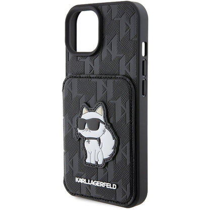 Husa pentru Apple iPhone 15, Karl Lagerfeld, Saffiano Cardslots and Stand Monogram Choupette, Neagra